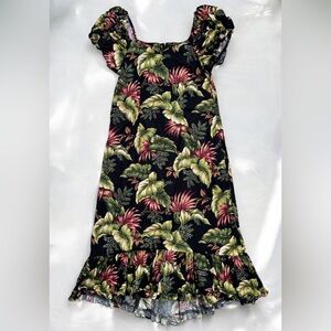 Hilo Hattie Shirred Puff Sleeve Muu Muu Ruffle muumuu maxi Hawaii Hawaiian L